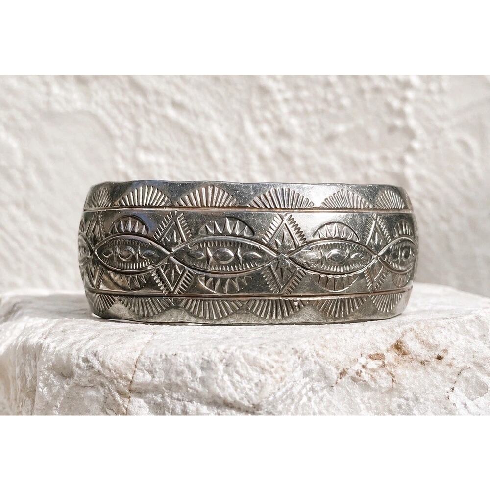 Vintage Navajo Sterling Silver Stamped Cuff Bracelet Signed W Wide 1” Heavy 38g
